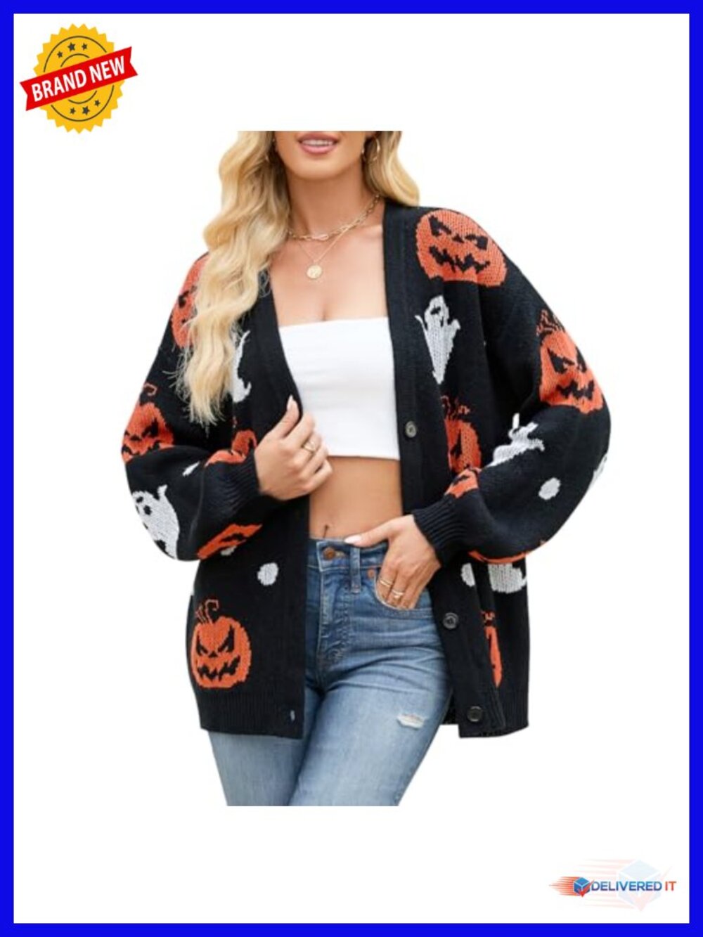 Women's V-Neck Button Cardigan Pumpkin Ghost Jacquard Lantern Sleeves